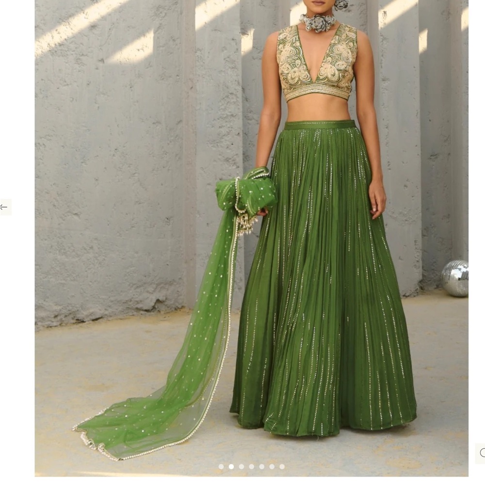 Green Embellished Indian Crop Top with Sheer Dupatta/indian Pakistani lengha fr - Picture 6 of 15